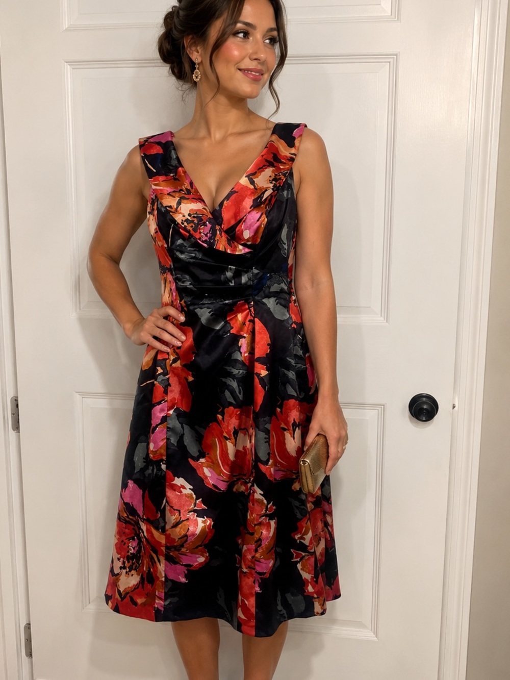 Vintage Evan Picone Floral Satin V-Neck A-Line Dress Size 6